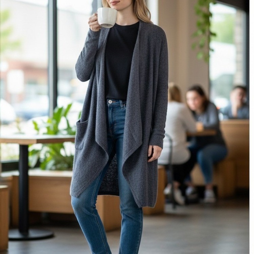 Barefoot Dreams Womens Cardigan CozyChic Lite L/XL Blue Open Front Sweater